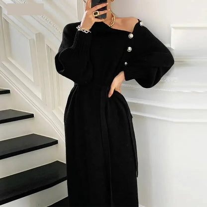 Sweater Dresses- Turtleneck Belted Midi Sweater Dress for Winter- - IndioGear.com