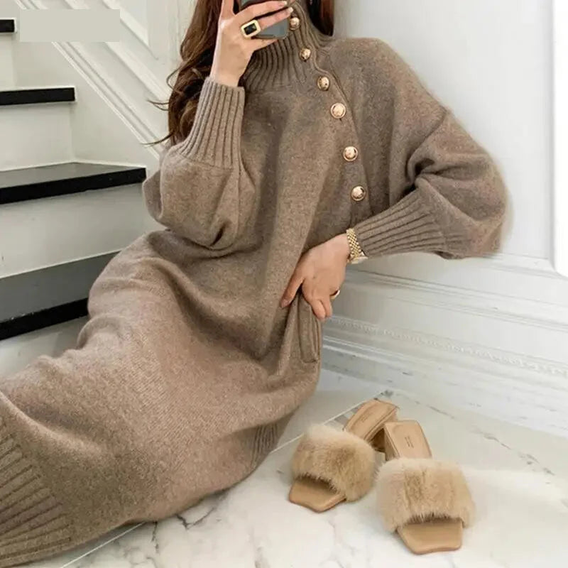 Sweater Dresses- Turtleneck Belted Midi Sweater Dress for Winter- - IndioGear.com