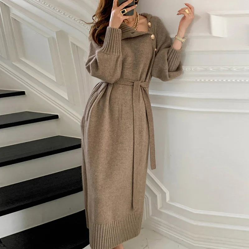 Sweater Dresses- Turtleneck Belted Midi Sweater Dress for Winter- Khaki- IndioGear.com