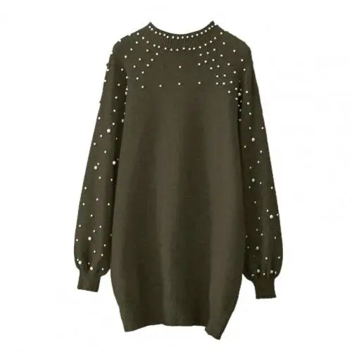 Sweater Dresses- Women Classy Knit Sweater Dress with Pearls for Elegant Style- Army green- IndioGear.com