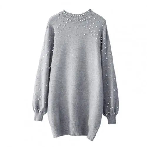 Sweater Dresses- Women Classy Knit Sweater Dress with Pearls for Elegant Style- Light Grey- IndioGear.com