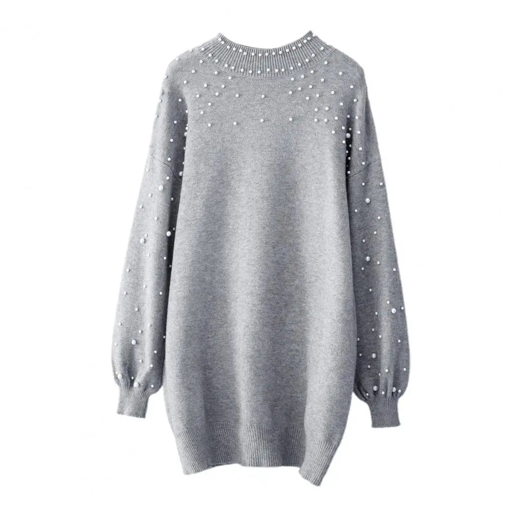 Sweater Dresses- Women Classy Knit Sweater Dress with Pearls for Elegant Style- - IndioGear.com