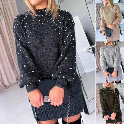 Sweater Dresses- Women Classy Knit Sweater Dress with Pearls for Elegant Style- - IndioGear.com