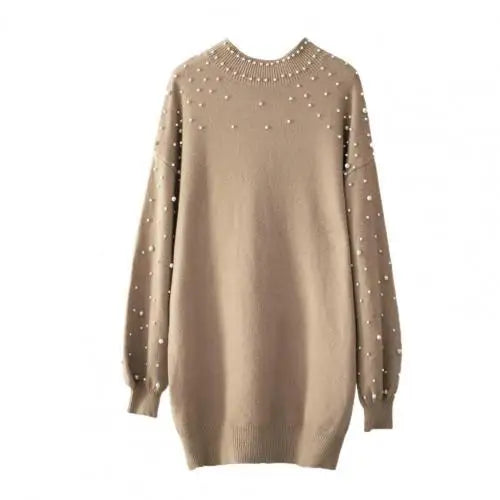 Sweater Dresses- Women Classy Knit Sweater Dress with Pearls for Elegant Style- Camel- IndioGear.com