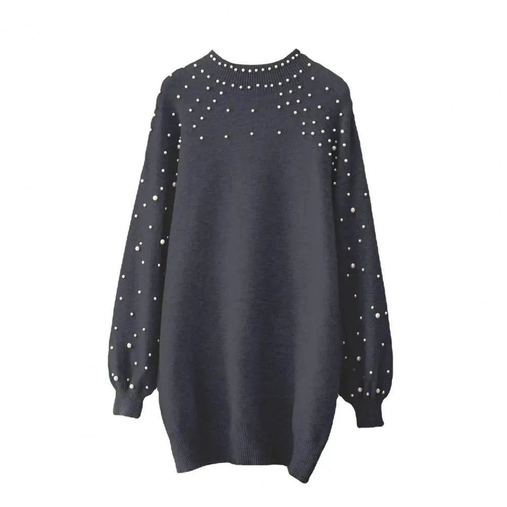 Sweater Dresses- Women Classy Knit Sweater Dress with Pearls for Elegant Style- - IndioGear.com