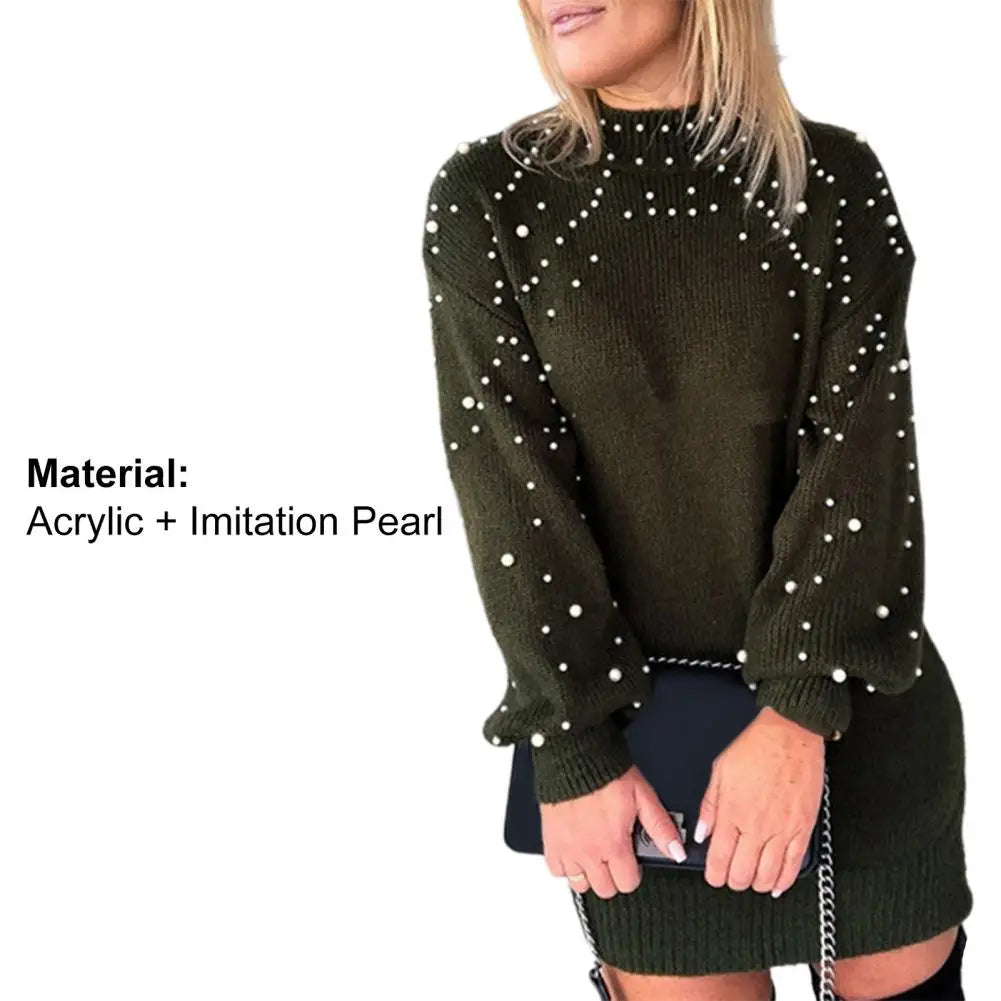 Sweater Dresses- Women Classy Knit Sweater Dress with Pearls for Elegant Style- - IndioGear.com