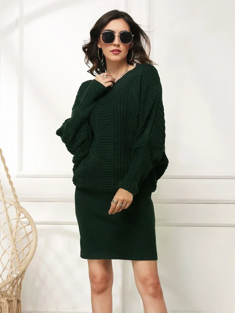 Sweater Dresses- Women Knit Textured Sweater Blouson Dress for Fall & Winter- Dark Green- IndioGear.com