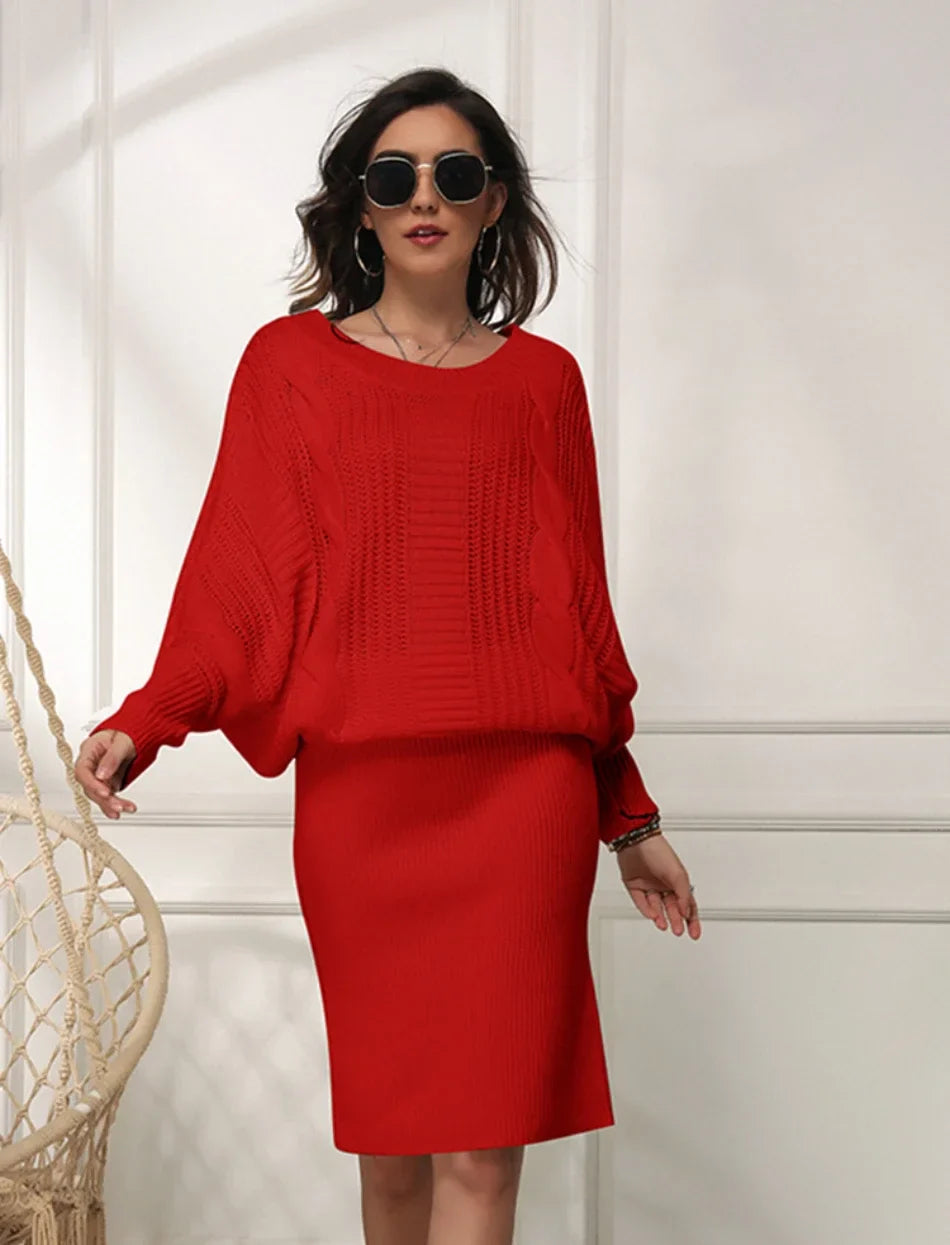 Sweater Dresses- Women Knit Textured Sweater Blouson Dress for Fall & Winter- Red- IndioGear.com