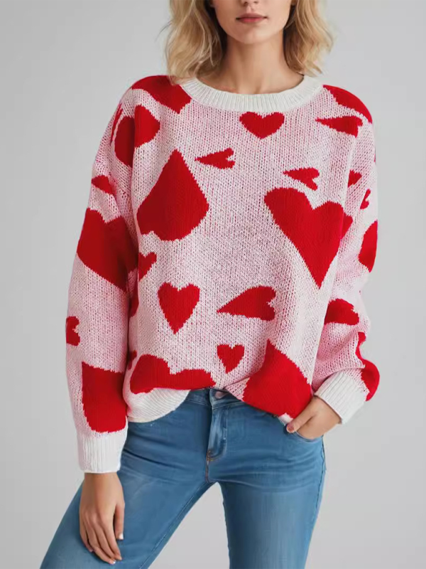 Sweater- Loose Fit Jumper Round Neck Love Print Boyfriend Sweater- - IndioGear.com