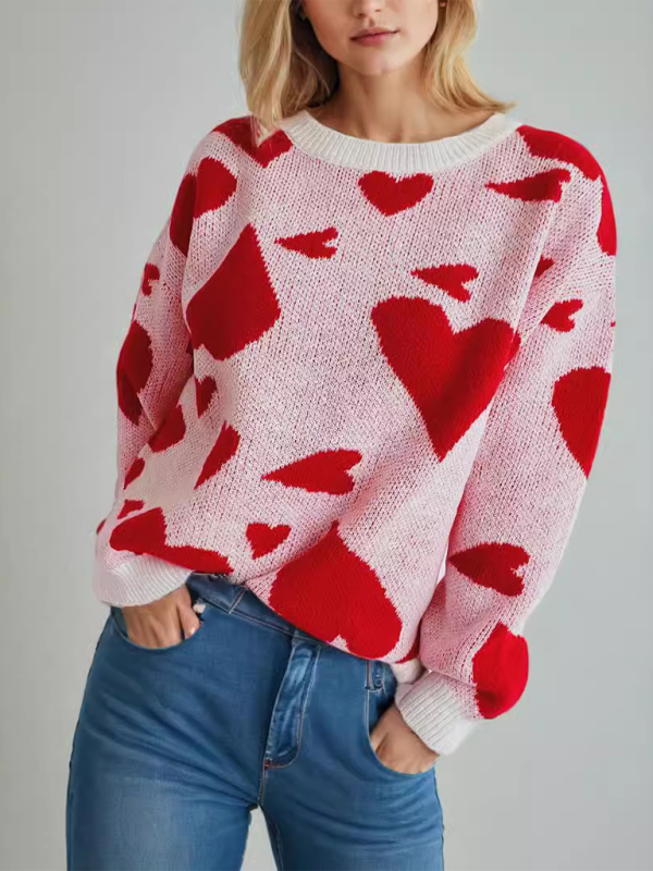 Sweater- Loose Fit Jumper Round Neck Love Print Boyfriend Sweater- - IndioGear.com