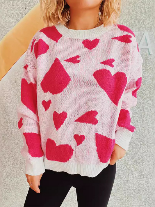 Sweater- Loose Fit Jumper Round Neck Love Print Boyfriend Sweater- Hot pink- IndioGear.com