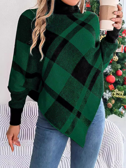 Sweater Ponchos- Fancy Plaid Turtleneck Long Sleeve Poncho Sweater- Green- IndioGear.com