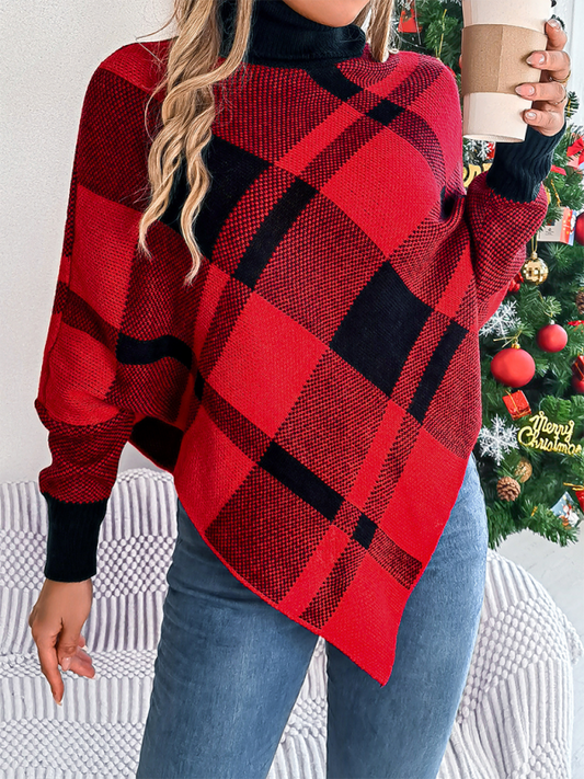 Sweater Ponchos- Fancy Plaid Turtleneck Long Sleeve Poncho Sweater- Red- IndioGear.com