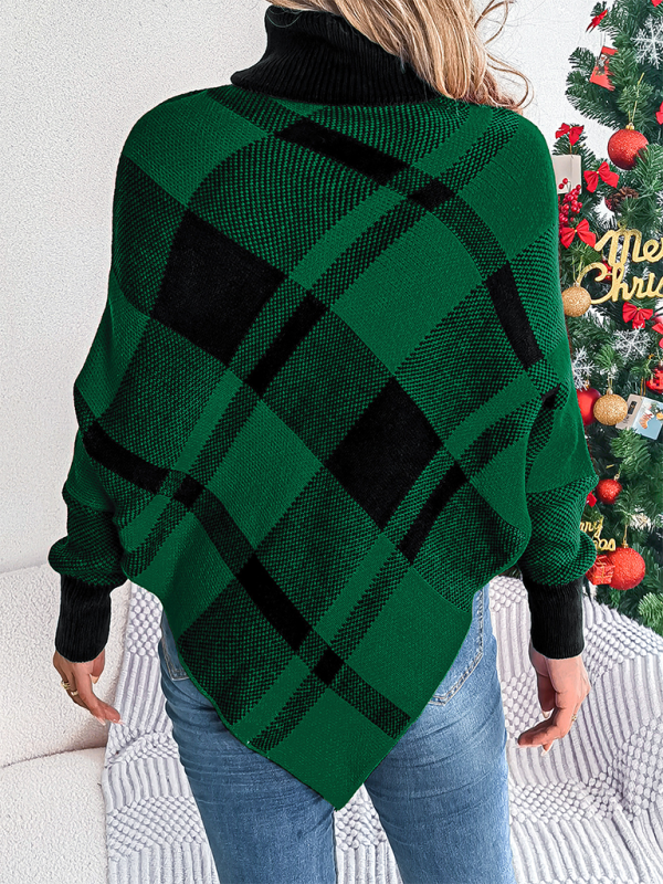 Sweater Ponchos- Fancy Plaid Turtleneck Long Sleeve Poncho Sweater- - IndioGear.com