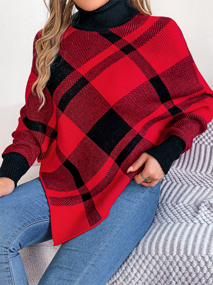 Sweater Ponchos- Fancy Plaid Turtleneck Long Sleeve Poncho Sweater- - IndioGear.com