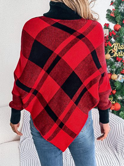 Sweater Ponchos- Fancy Plaid Turtleneck Long Sleeve Poncho Sweater- - IndioGear.com