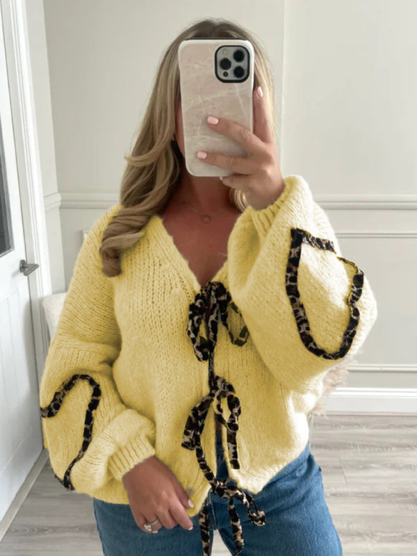 Sweaters- Animal Print Contrast Cardigan Tie Front Sweater- Yellow- IndioGear Women Clothing