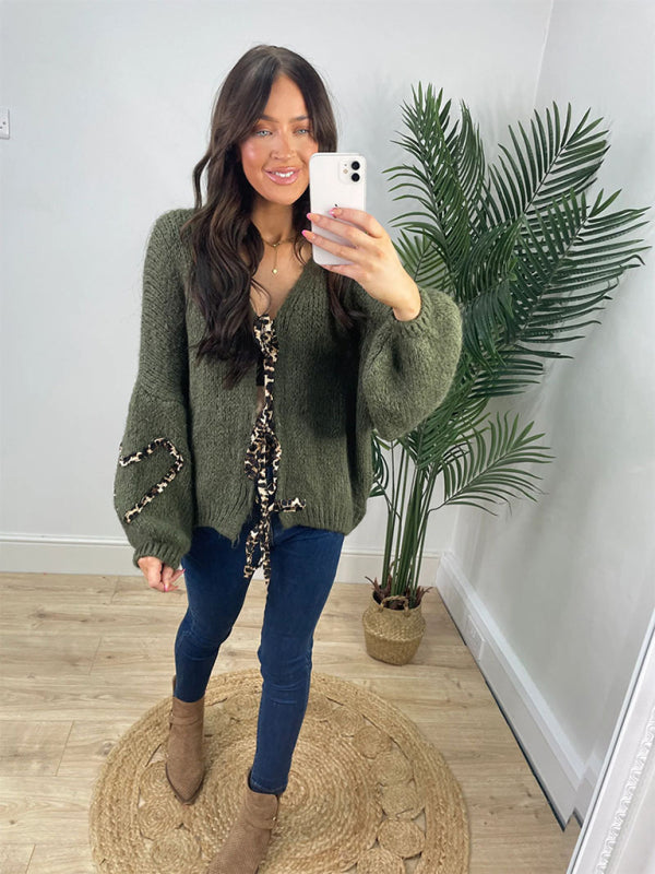 Sweaters- Animal Print Contrast Cardigan Tie Front Sweater- Olive green- IndioGear Women Clothing