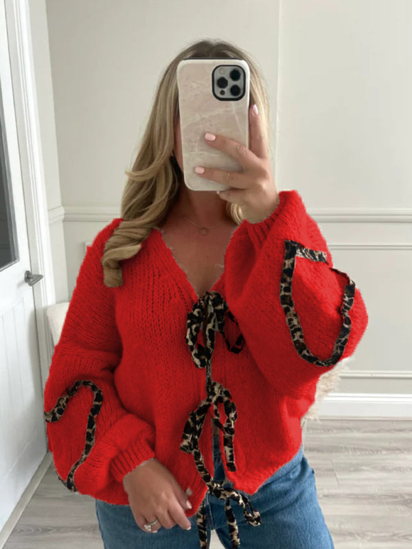 Sweaters- Animal Print Contrast Cardigan Tie Front Sweater- Red- IndioGear Women Clothing