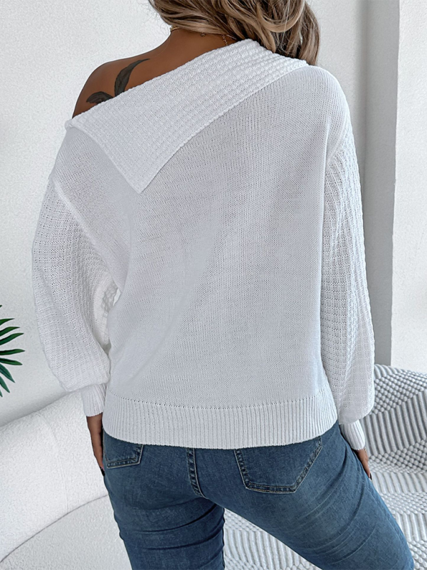 Sweaters- Asymmetric Lapel Off-shoulder Cable Knit Long Sleeve Sweaters- - IndioGear.com