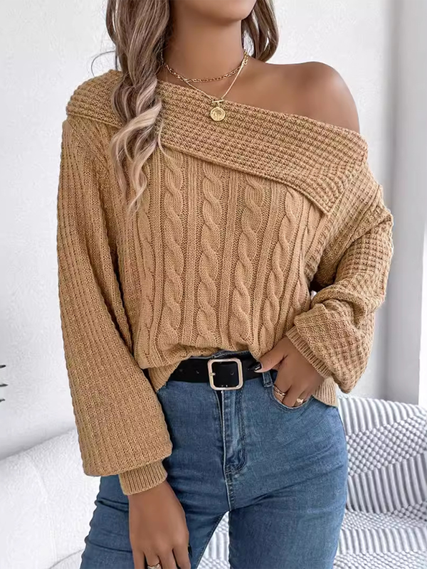 Sweaters- Asymmetric Lapel Off-shoulder Cable Knit Long Sleeve Sweaters- - IndioGear.com