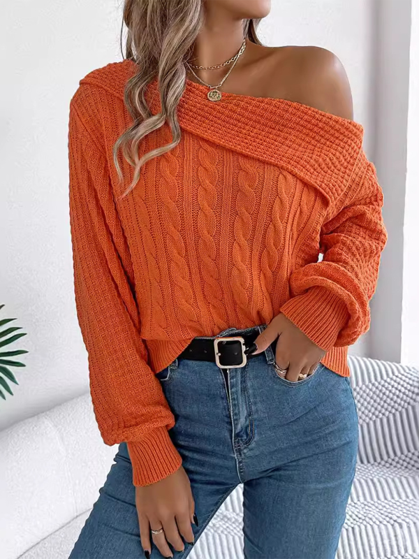 Sweaters- Asymmetric Lapel Off-shoulder Cable Knit Long Sleeve Sweaters- - IndioGear.com