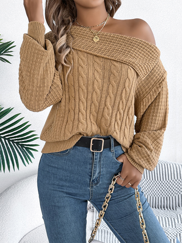 Sweaters- Asymmetric Lapel Off-shoulder Cable Knit Long Sleeve Sweaters- - IndioGear.com