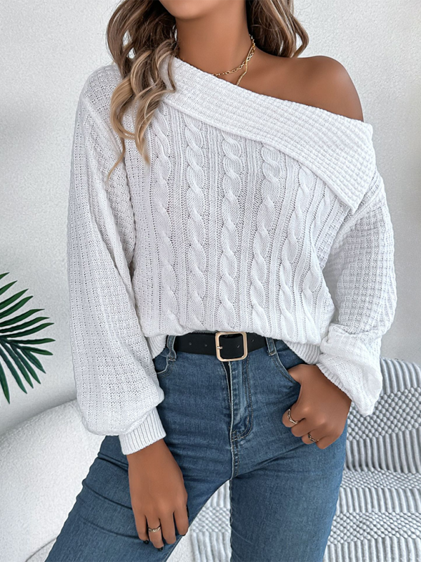 Sweaters- Asymmetric Lapel Off-shoulder Cable Knit Long Sleeve Sweaters- - IndioGear.com