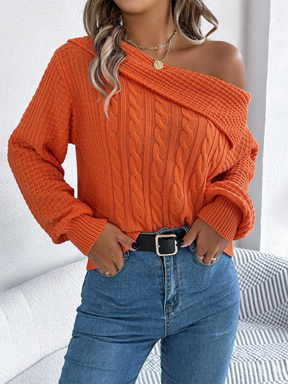 Sweaters- Asymmetric Lapel Off-shoulder Cable Knit Long Sleeve Sweaters- - IndioGear.com