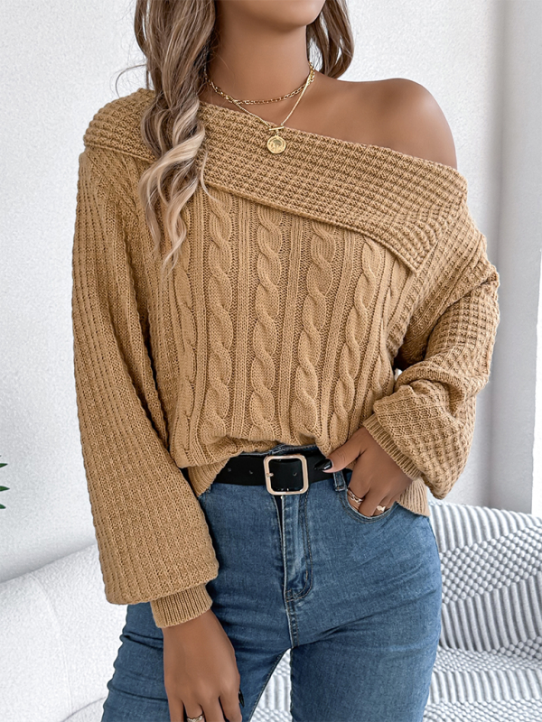 Sweaters- Asymmetric Lapel Off-shoulder Cable Knit Long Sleeve Sweaters- - IndioGear.com