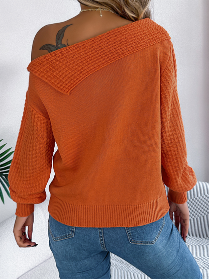 Sweaters- Asymmetric Lapel Off-shoulder Cable Knit Long Sleeve Sweaters- - IndioGear.com