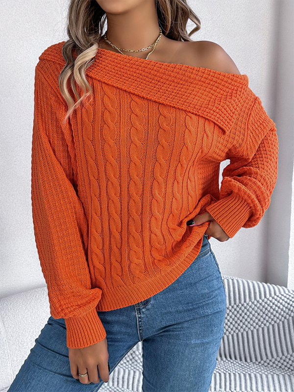 Sweaters- Asymmetric Lapel Off-shoulder Cable Knit Long Sleeve Sweaters- - IndioGear.com