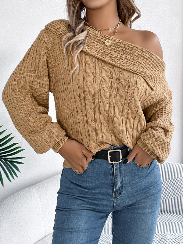 Sweaters- Asymmetric Lapel Off-shoulder Cable Knit Long Sleeve Sweaters- Khaki- IndioGear.com