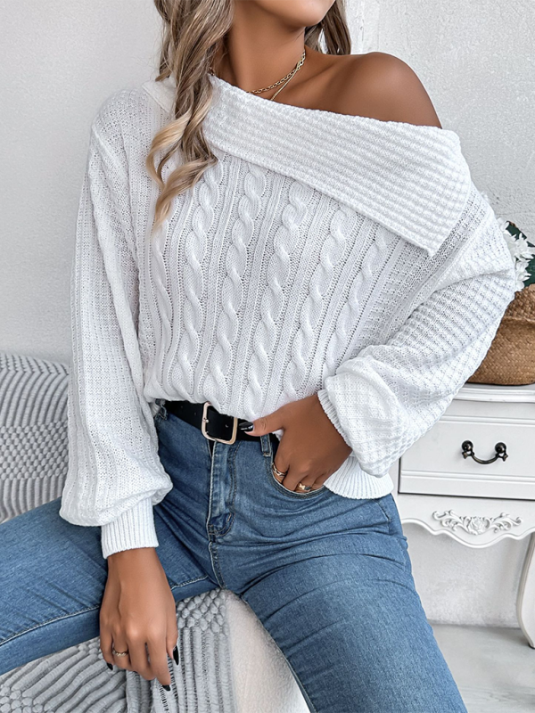 Sweaters- Asymmetric Lapel Off-shoulder Cable Knit Long Sleeve Sweaters- - IndioGear.com