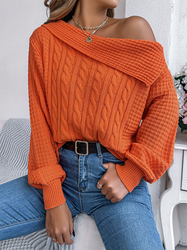 Sweaters- Asymmetric Lapel Off-shoulder Cable Knit Long Sleeve Sweaters- Orange- IndioGear.com