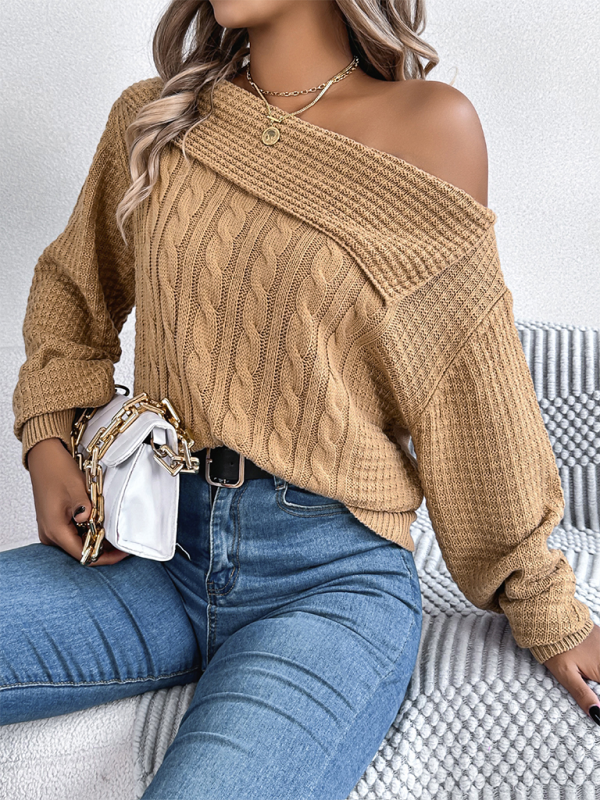 Sweaters- Asymmetric Lapel Off-shoulder Cable Knit Long Sleeve Sweaters- - IndioGear.com