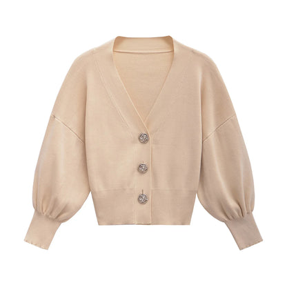 Sweaters- Autumn Buttoned Blouson Cardigan Knit Sweater for Office- Beige- IndioGear Women Clothing