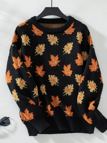 Sweaters- Autumn Maple Leaf Sweater Jumper- Black- IndioGear.com