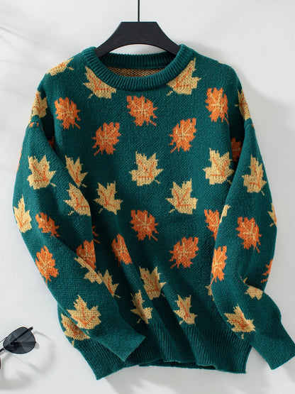 Sweaters- Autumn Maple Leaf Sweater Jumper- Green- IndioGear.com