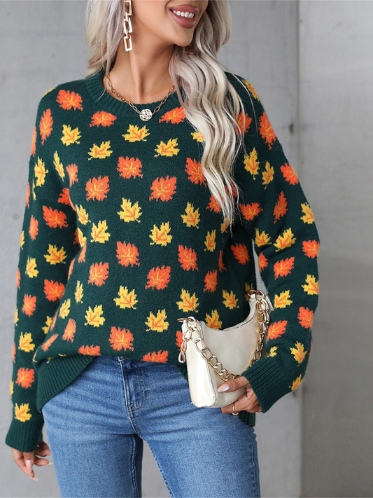 Sweaters- Autumn Maple Leaf Sweater for Fall Gatherings- Green black jasper- IndioGear.com