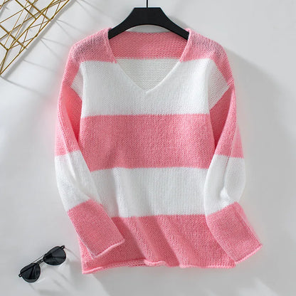 Sweaters- Bicolor Striped Off Shoulder Knit Sweater- - IndioGear.com