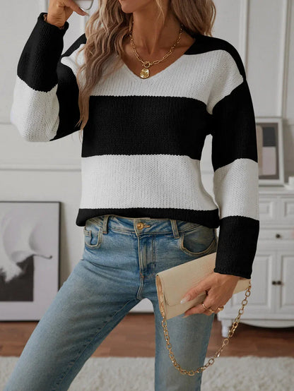 Sweaters- Bicolor Striped Off Shoulder Knit Sweater- - IndioGear.com