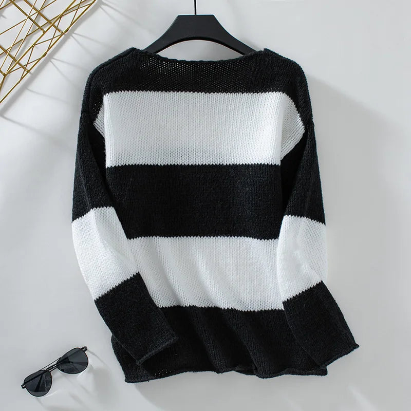 Sweaters- Bicolor Striped Off Shoulder Knit Sweater- - IndioGear.com