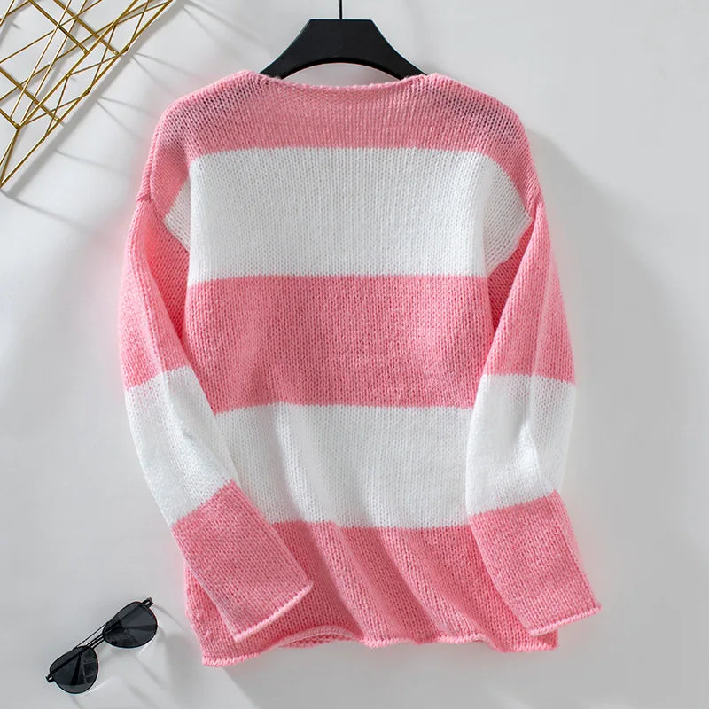 Sweaters- Bicolor Striped Off Shoulder Knit Sweater- - IndioGear.com