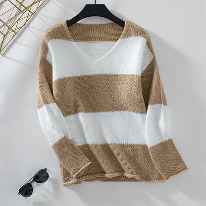 Sweaters- Bicolor Striped Off Shoulder Knit Sweater- - IndioGear.com