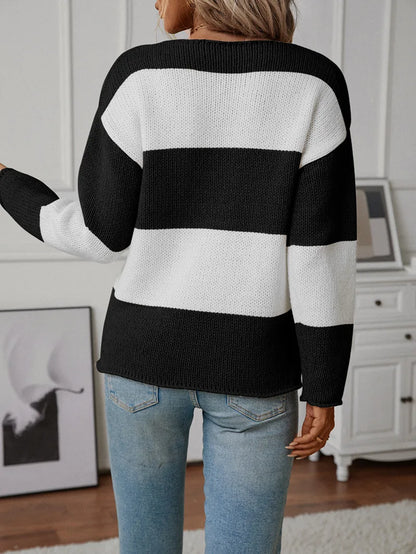 Sweaters- Bicolor Striped Off Shoulder Knit Sweater- - IndioGear.com