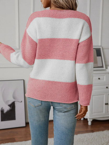 Sweaters- Bicolor Striped Off Shoulder Knit Sweater- - IndioGear.com