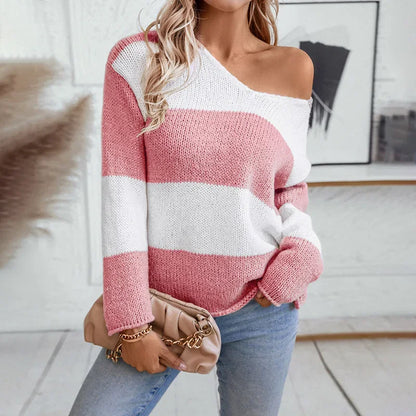 Sweaters- Bicolor Striped Off Shoulder Knit Sweater- Pink- IndioGear.com