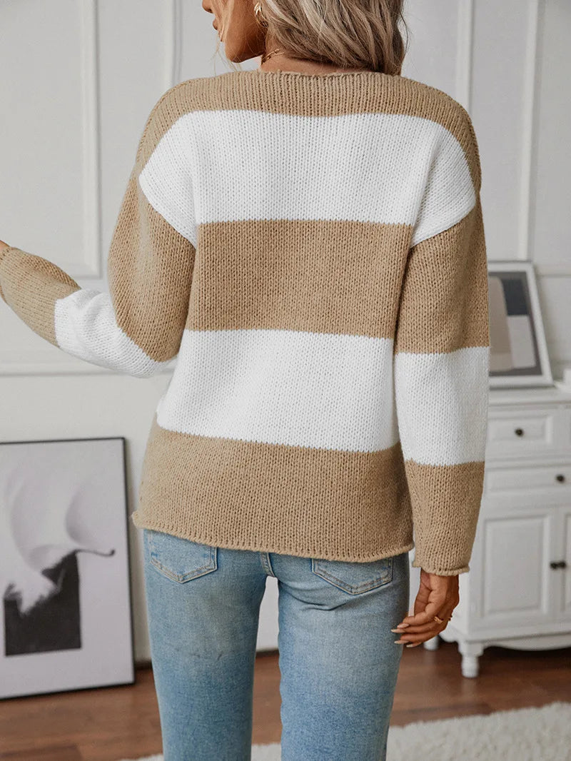 Sweaters- Bicolor Striped Off Shoulder Knit Sweater- - IndioGear.com