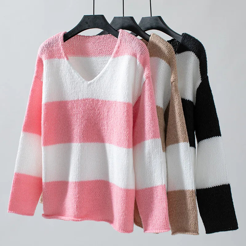 Sweaters- Bicolor Striped Off Shoulder Knit Sweater- - IndioGear.com